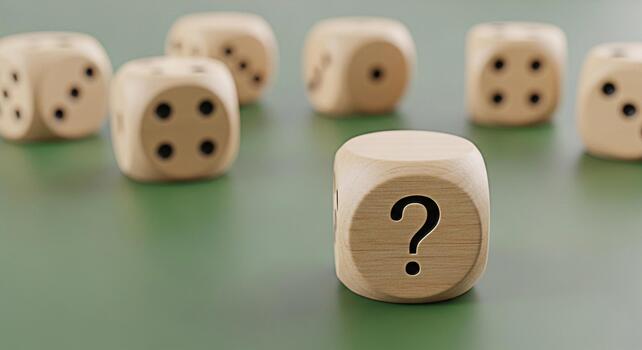Wooden dice displaying a question mark on a green surface representing uncertainty and chance creating a mood of curiosity and anticipation in a game or decisionmaking scenario photo