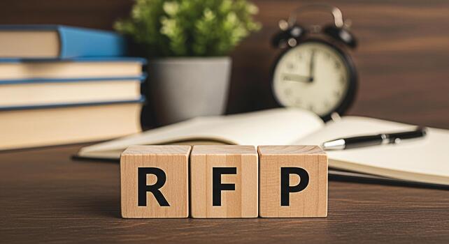 Wooden blocks displaying RFP on a wooden desk surrounded by books a plant and a clock symbolizing a formal request for proposal and the importance of deadlines in business photo