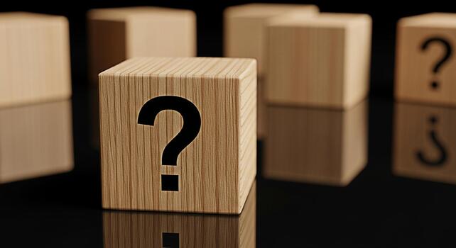 Wooden blocks displaying question marks on a reflective black surface symbolizing uncertainty and the need for answers in a business or educational context creating a sense of mystery and intrigue photo