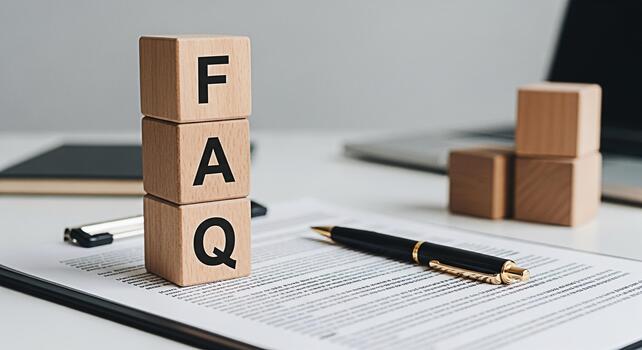 Wooden blocks displaying FAQ on a white office desk with a pen and laptop representing frequently asked questions and providing information creating a helpful and informative atmosphere photo