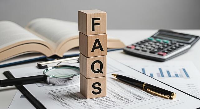 Wooden blocks spelling FAQs on a desk with financial reports magnifying glass pen calculator and open book representing information support and problemsolving in a business environment photo