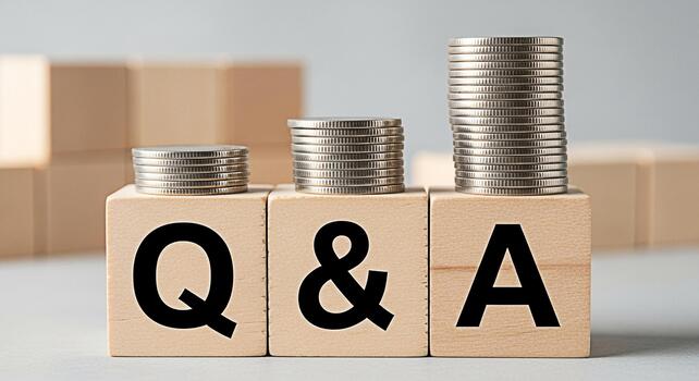 Stacks of coins sitting atop wooden blocks spelling out QA in a neutral setting representing financial questions and answers investment growth and the concept of financial literacy and knowledge photo