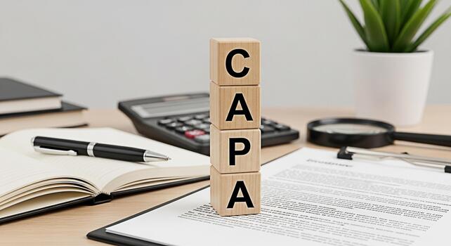 Wooden blocks spelling CAPA on a desk with office supplies representing corrective and preventive action in a business setting conveying a sense of quality control and continuous improvement photo