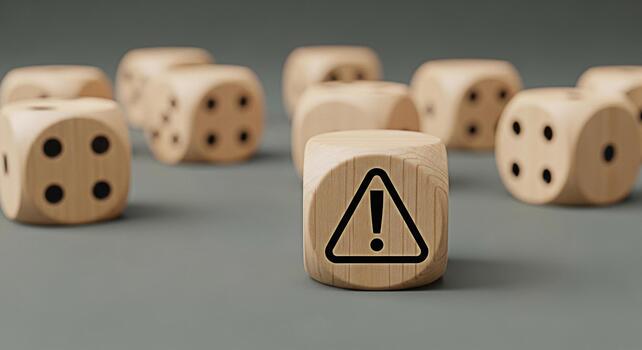 Wooden dice displaying an exclamation mark warning symbol on a gray surface conveying a sense of risk danger and the need for caution in decisionmaking and strategic planning photo