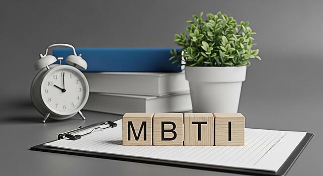 Wooden blocks spelling MBTI on a clipboard in a calm office setting symbolizing personality assessment and psychological types with an alarm clock books and a plant creating a thoughtful and analytica photo