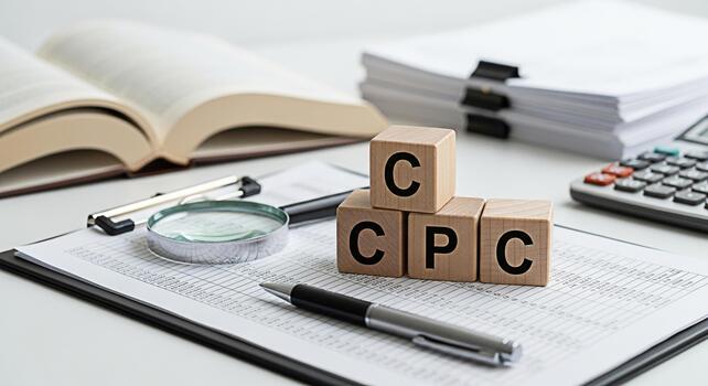 Closeup of wooden blocks spelling CPC on a financial report in a bright office setting symbolizing cost per click analysis and strategic marketing decisions for business growth and success photo