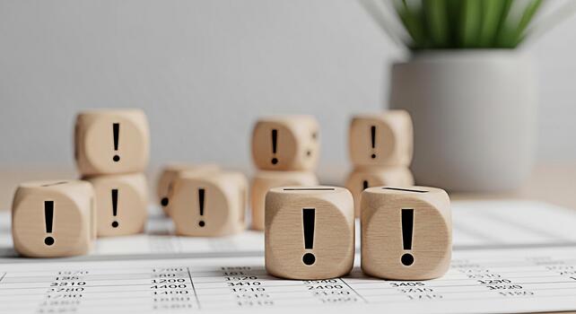 Wooden dice displaying exclamation points on a financial spreadsheet in a bright office setting symbolizing risk management problemsolving and the importance of attention to detail in business and fin photo