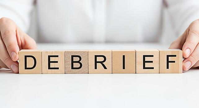 Person arranging wooden blocks spelling DEBRIEF on a white table symbolizing a structured review process in a professional setting fostering transparency and continuous improvement photo