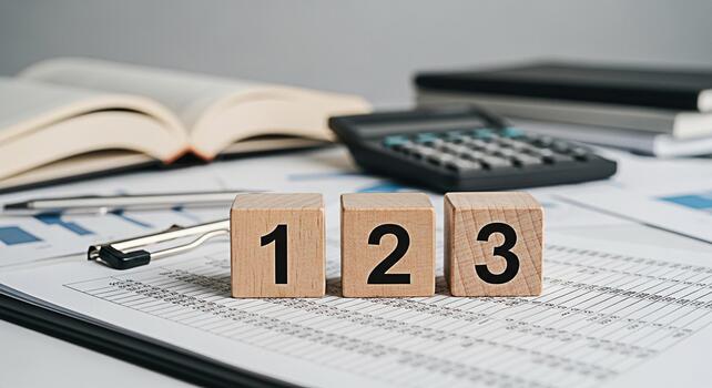 Wooden number blocks displaying 1 2 and 3 on a financial report with a calculator and open book in the background representing accounting finance and business planning in a professional setting photo