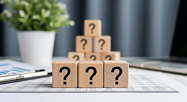 Wooden cubes displaying question marks arranged on a financial report in a bright office setting symbolizing uncertainty analysis and the search for answers in business and investment decisions photo