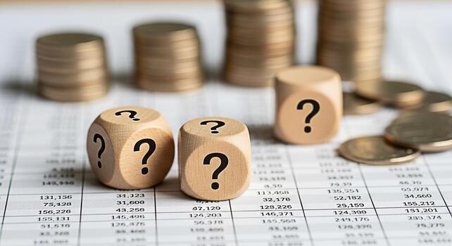 Wooden dice displaying question marks on a financial spreadsheet with stacks of coins representing financial uncertainty and investment decisions in a complex economic environment photo
