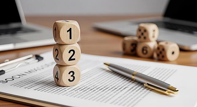 Wooden dice tower displaying numbers on a wooden desk with laptops and documents symbolizing strategic planning and decisionmaking in a modern business environment fostering a mood of precision and ca photo