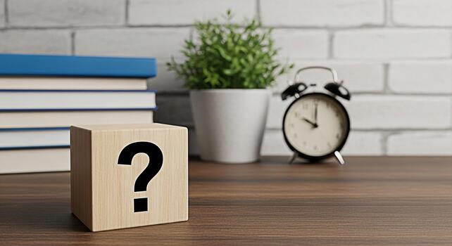 Wooden cube displaying a question mark sitting on a desk with books a plant and an alarm clock in a bright room symbolizing uncertainty and the need for answers photo