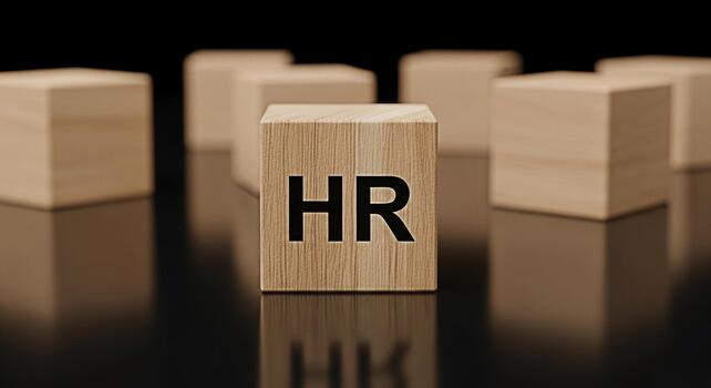 Wooden blocks displaying HR on a reflective black surface symbolizing human resources management and the importance of people within a company creating a professional and conceptual atmosphere photo