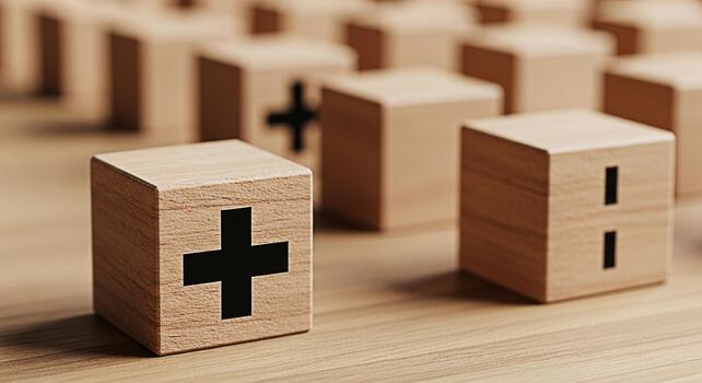 Wooden blocks displaying plus and minus signs on a wooden surface symbolizing addition and subtraction creating a conceptual representation of mathematical operations and financial calculations in a s photo