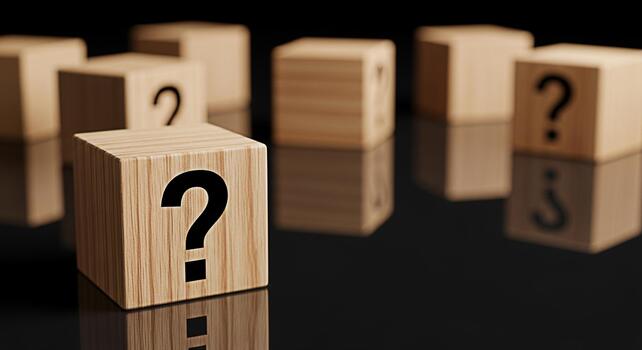 Wooden blocks displaying question marks on a reflective dark surface symbolizing uncertainty and the search for answers in a mysterious and thoughtprovoking environment creating a sense of intrigue photo