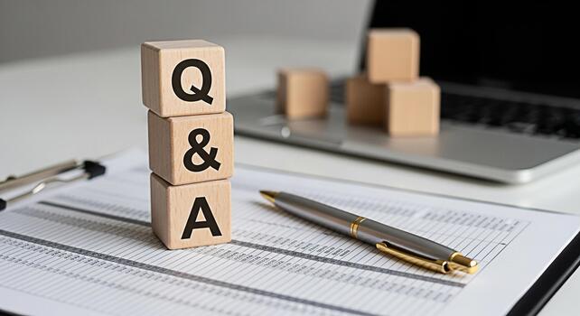 Wooden blocks displaying Q A on a white desk with a pen and laptop representing a concept of knowledge learning and problemsolving in a modern office environment fostering a sense of clarity and under photo
