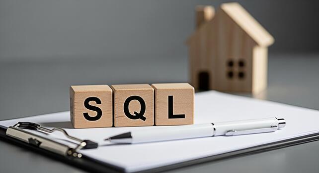 Wooden blocks spelling SQL on a clipboard with a pen and a small wooden house model representing database management and property investment in a neutral professional setting conveying trust and secur photo