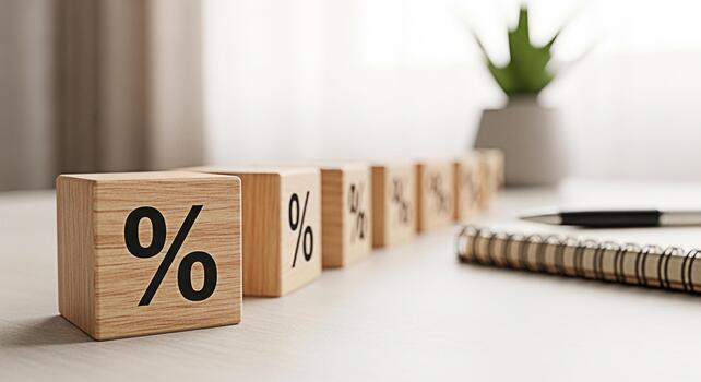 de madera porcentaje bloques arreglado en un fila en un brillante escritorio simbolizando interesar tarifas y financiero planificación creando un sentido de estabilidad y calculado crecimiento en un moderno negocio ambiente foto