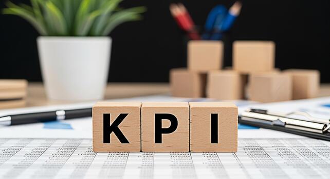 Wooden blocks displaying KPI on a financial report in a modern office setting symbolizing key performance indicators and business success through datadriven decisionmaking for strategic growth and ach photo