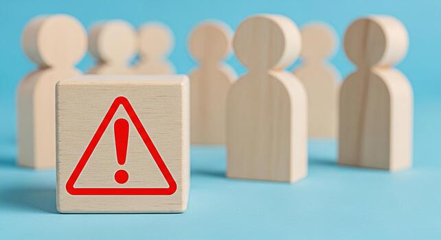 de madera bloquear mostrando un rojo exclamación marca advierte un grupo de de madera cifras en un ligero azul superficie simbolizando riesgo administración precaución y el importancia de direccionamiento potencial peligros dentro un t foto