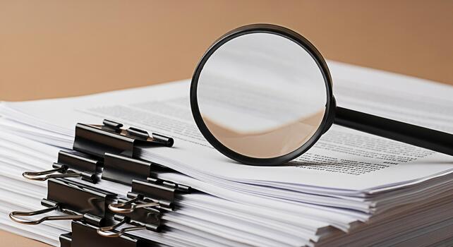 Magnifying glass examining a stack of documents with binder clips on a neutral background representing attention to detail thorough investigation and the importance of accuracy in business and legal c photo