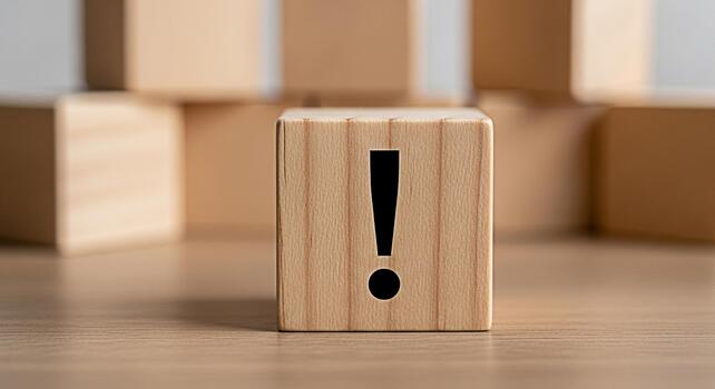 Wooden block displaying an exclamation mark on a wooden surface symbolizing urgency and attention to detail in a minimalist and clean environment conveying a sense of importance and focus photo