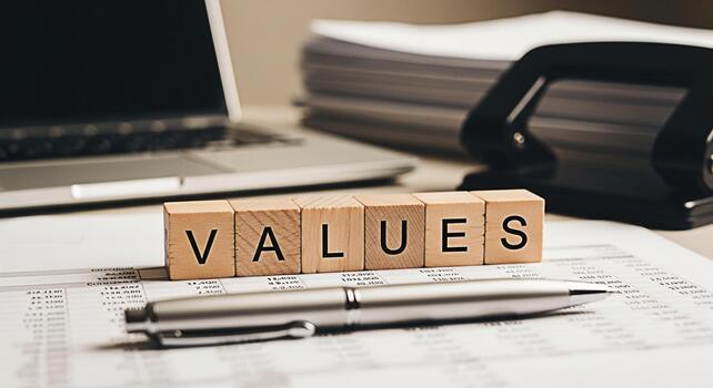 Wooden blocks spelling VALUES resting on a financial document in a bright office symbolizing company ethics integrity and a commitment to strong moral principles in business operations photo