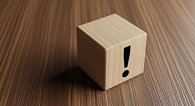 Wooden block displaying an exclamation mark on a wooden table symbolizing urgency and attention to detail in a rustic yet professional setting creating a sense of importance and focus photo