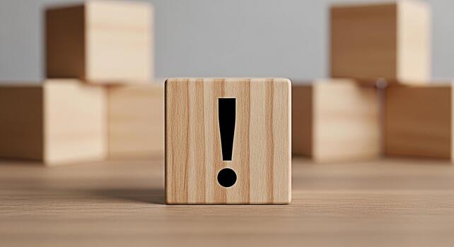 Wooden block displaying an exclamation mark on a wooden surface conveying a sense of urgency and importance in a minimalist and clean environment suitable for business or educational concepts photo