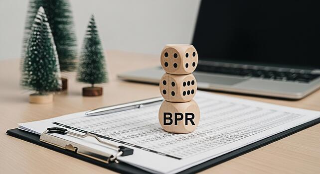 Stacked wooden dice displaying BPR on a clipboard with financial data in a modern office setting symbolizing business process reengineering and strategic decisionmaking with a festive holiday theme photo