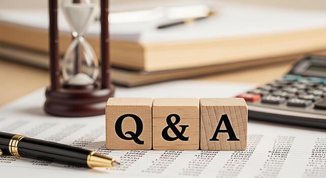 Wooden blocks spelling Q A on financial documents with a calculator pen and hourglass in the background representing business questions and answers in a professional setting conveying clarity and solu photo