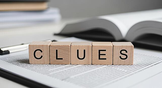 Wooden blocks spelling CLUES resting on a document in a bright office environment representing investigation problemsolving and the pursuit of knowledge with an open book in the background photo