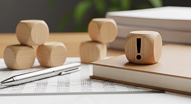 de madera dado mostrando un exclamación marca descansando en un libro en un brillante oficina ambiente simbolizando atención a detalle resolver problemas y el importancia de crítico pensando en negocio y financiero foto