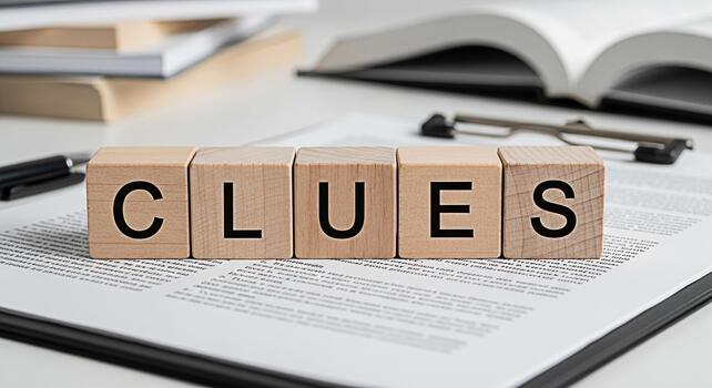 Wooden blocks spelling CLUES resting on a document with an open book and glasses in the background suggesting investigation problemsolving and the pursuit of knowledge in an academic setting photo