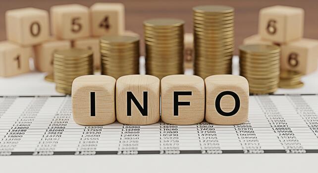 Wooden blocks spelling INFO with stacks of coins and financial data in the background representing business information financial analysis and datadriven decisionmaking for success photo