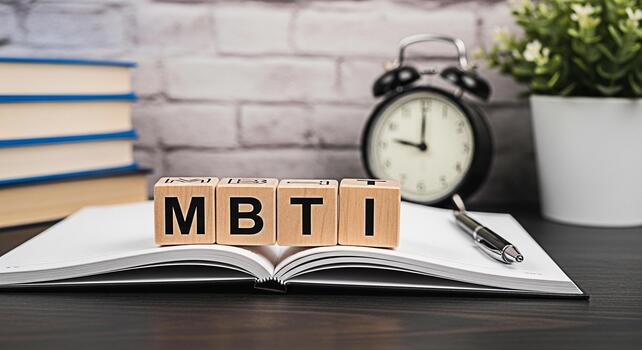 Wooden blocks spelling MBTI resting on an open notebook on a dark wooden desk in a bright room symbolizing personality assessment and selfdiscovery with a clock and books in the background photo