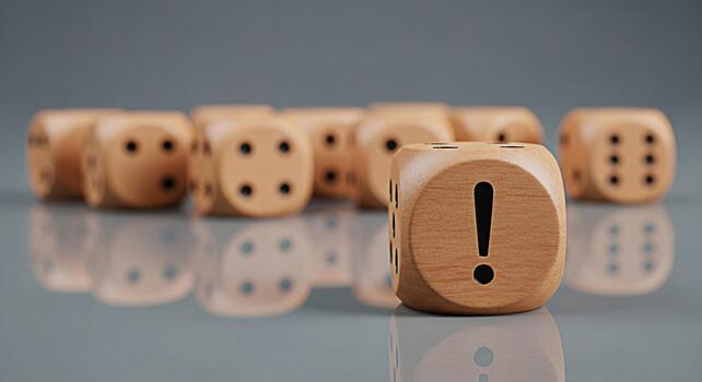 Wooden dice with an exclamation mark standing out from the blurred dice on a reflective surface conveying a sense of urgency importance or a warning in a minimalist and modern setting photo