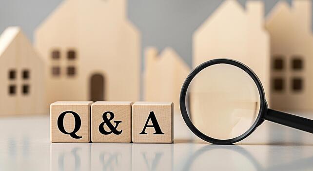 Wooden blocks displaying QA with a magnifying glass in front of miniature house models representing real estate questions and answers property investment and informed decisionmaking in a home buying c photo