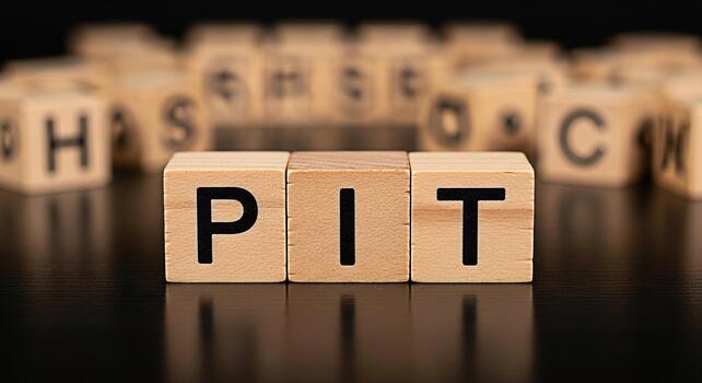 Wooden blocks spelling out PIT on a dark surface representing challenges and opportunities in business symbolizing risk management and strategic planning in a competitive environment photo