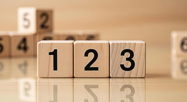 Wooden blocks displaying numbers one two and three on a reflective surface representing counting learning and early education in a bright and inviting environment fostering a sense of numeracy photo