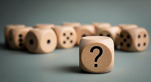 Wooden dice with a question mark stands out among other dice on a neutral surface representing uncertainty decisionmaking and the unknown future in a conceptual and thoughtprovoking composition photo