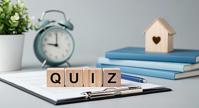 Wooden blocks spelling QUIZ on a clipboard in a bright modern office setting conveying a sense of learning challenge and intellectual stimulation with books clock and house decor photo