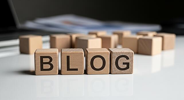Wooden blocks spelling BLOG on a white table symbolizing online content creation and digital marketing strategies in a modern office environment conveying a message of information and connection photo