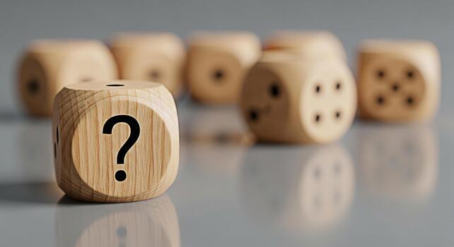 Wooden dice with a question mark face resting on a reflective surface symbolizing uncertainty and decisionmaking in a business context creating a mood of contemplation and strategic planning photo