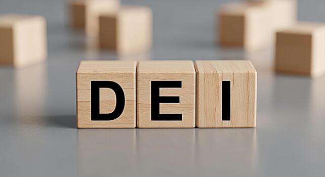 Wooden blocks displaying DEI on a gray surface representing diversity equity and inclusion in a corporate setting promoting a culture of acceptance and equal opportunity for a positive impact photo