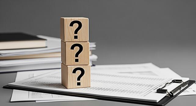 Stacked wooden blocks displaying question marks on a clipboard in a professional office environment symbolizing uncertainty problemsolving and the search for answers in business and decisionmaking pro photo