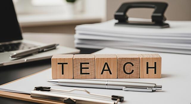 Wooden blocks spelling TEACH on a desk with a laptop and paperwork symbolizing education and learning in a modern office environment conveying a message of knowledge and academic success photo