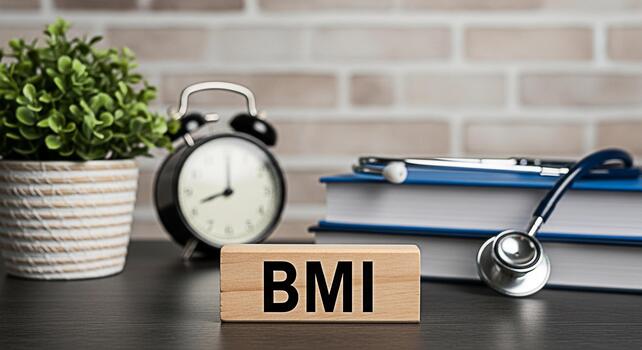Wooden block displaying BMI on a desk with medical books a stethoscope and a clock in a doctors office emphasizing health awareness and the importance of body mass index for wellbeing photo