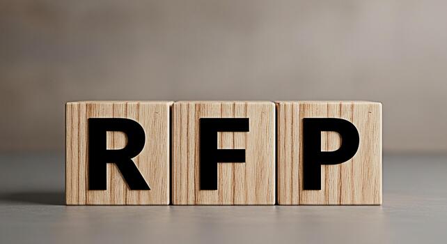 Wooden blocks displaying RFP on a neutral surface representing a request for proposal in a business setting conveying a professional and informative message about procurement and project bidding photo